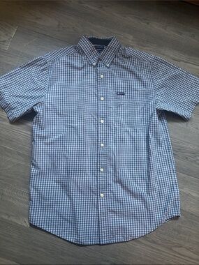CHAPS | Short-Sleeve Casual Checkered Button-Down Blue White Shirt Summer Size M